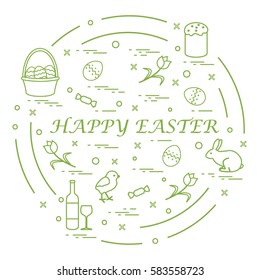 Cute vector illustration with different symbols for Easter arranged in a circle. Including icons of Easter cake, chick, baskets, eggs and other. Design for banner, poster or print. 
