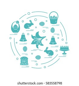 Cute vector illustration with different symbols for Easter arranged in a circle. Including icons of simnel cake, lily, baskets, eggs and other. Design for banner, poster or print.