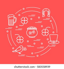 Cute vector illustration with different symbols for St. Patrick's Day arranged in a circle. Design for banner, poster or print. 