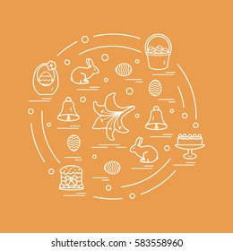 Cute vector illustration with different symbols for Easter arranged in a circle. Including icons of simnel cake, lily, baskets, eggs and other. Design for banner, poster or print.