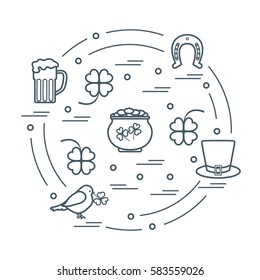 Cute vector illustration with different symbols for St. Patrick's Day arranged in a circle. Design for banner, poster or print. 