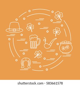 Cute vector illustration with different symbols for St. Patrick's Day arranged in a circle. Design for banner, poster or print. 