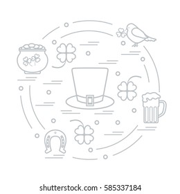Cute vector illustration with different symbols for St. Patrick's Day arranged in a circle. Design for banner, poster or print. 