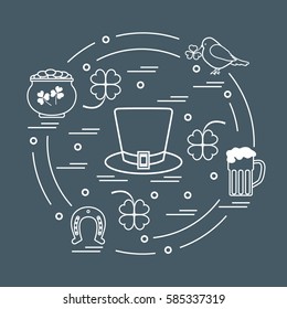 Cute vector illustration with different symbols for St. Patrick's Day arranged in a circle. Design for banner, poster or print. 
