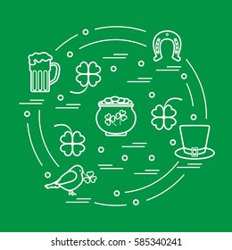 Cute vector illustration with different symbols for St. Patrick's Day arranged in a circle. Design for banner, poster or print. 