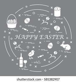 Cute vector illustration with different symbols for Easter arranged in a circle. Including icons of Easter cake, chick, baskets, eggs and other. Design for banner, poster or print. 