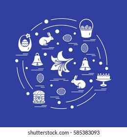 Cute vector illustration with different symbols for Easter arranged in a circle. Including icons of simnel cake, lily, baskets, eggs and other. Design for banner, poster or print.