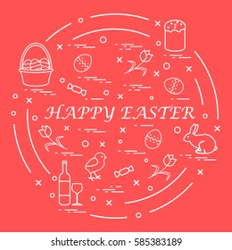 Cute vector illustration with different symbols for Easter arranged in a circle. Including icons of Easter cake, chick, baskets, eggs and other. Design for banner, poster or print. 