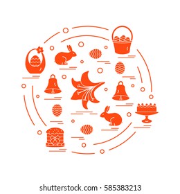 Cute vector illustration with different symbols for Easter arranged in a circle. Including icons of simnel cake, lily, baskets, eggs and other. Design for banner, poster or print.