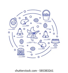 Cute vector illustration with different symbols for Easter arranged in a circle. Including icons of simnel cake, lily, baskets, eggs and other. Design for banner, poster or print.