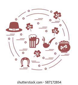 Cute vector illustration with different symbols for St. Patrick's Day arranged in a circle. Design for banner, poster or print. 