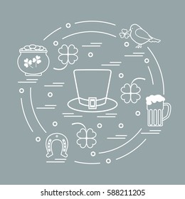 Cute vector illustration with different symbols for St. Patrick's Day arranged in a circle. Design for banner, poster or print. 