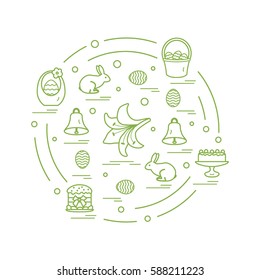 Cute vector illustration with different symbols for Easter arranged in a circle. Including icons of simnel cake, lily, baskets, eggs and other. Design for banner, poster or print.