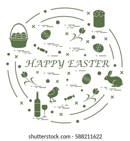 Cute vector illustration with different symbols for Easter arranged in a circle. Including icons of Easter cake, chick, baskets, eggs and other. Design for banner, poster or print. 