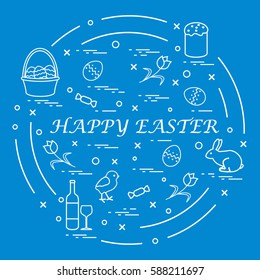 Cute vector illustration with different symbols for Easter arranged in a circle. Including icons of Easter cake, chick, baskets, eggs and other. Design for banner, poster or print. 