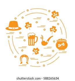 Cute vector illustration with different symbols for St. Patrick's Day arranged in a circle. Design for banner, poster or print. 