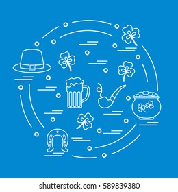 Cute vector illustration with different symbols for St. Patrick's Day arranged in a circle. Design for banner, poster or print. 