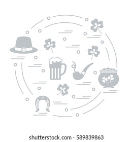Cute vector illustration with different symbols for St. Patrick's Day arranged in a circle. Design for banner, poster or print. 