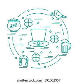 Cute vector illustration with different symbols for St. Patrick's Day arranged in a circle. Design for banner, poster or print. 