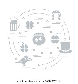 Cute vector illustration with different symbols for St. Patrick's Day arranged in a circle. Design for banner, poster or print. 