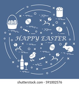 Cute vector illustration with different symbols for Easter arranged in a circle. Including icons of Easter cake, chick, baskets, eggs and other. Design for banner, poster or print. 