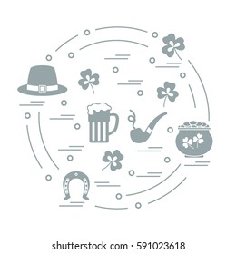 Cute vector illustration with different symbols for St. Patrick's Day arranged in a circle. Design for banner, poster or print. 