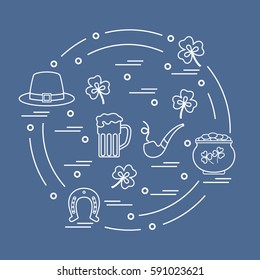 Cute vector illustration with different symbols for St. Patrick's Day arranged in a circle. Design for banner, poster or print. 
