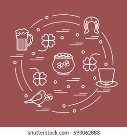 Cute vector illustration with different symbols for St. Patrick's Day arranged in a circle. Design for banner, poster or print. 