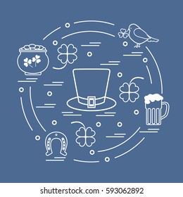 Cute vector illustration with different symbols for St. Patrick's Day arranged in a circle. Design for banner, poster or print. 