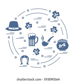 Cute vector illustration with different symbols for St. Patrick's Day arranged in a circle. Design for banner, poster or print. 