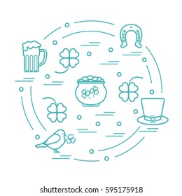 Cute vector illustration with different symbols for St. Patrick's Day arranged in a circle. Design for banner, poster or print. 