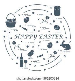 Cute vector illustration with different symbols for Easter arranged in a circle. Including icons of Easter cake, chick, baskets, eggs and other. Design for banner, poster or print. 