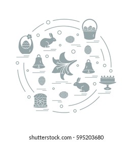 Cute vector illustration with different symbols for Easter arranged in a circle. Including icons of simnel cake, lily, baskets, eggs and other. Design for banner, poster or print.
