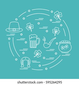Cute vector illustration with different symbols for St. Patrick's Day arranged in a circle. Design for banner, poster or print. 