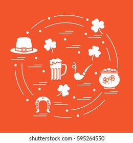 Cute vector illustration with different symbols for St. Patrick's Day arranged in a circle. Design for banner, poster or print. 