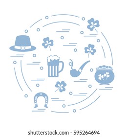 Cute vector illustration with different symbols for St. Patrick's Day arranged in a circle. Design for banner, poster or print. 
