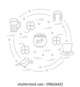 Cute vector illustration with different symbols for St. Patrick's Day arranged in a circle. Design for banner, poster or print. 
