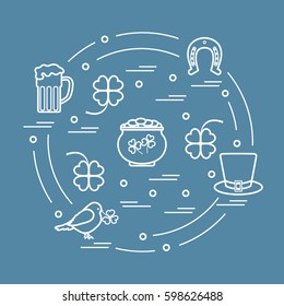 Cute vector illustration with different symbols for St. Patrick's Day arranged in a circle. Design for banner, poster or print. 