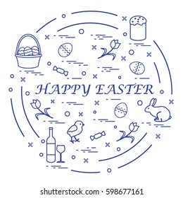 Cute vector illustration with different symbols for Easter arranged in a circle. Including icons of Easter cake, chick, baskets, eggs and other. Design for banner, poster or print. 