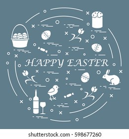 Cute vector illustration with different symbols for Easter arranged in a circle. Including icons of Easter cake, chick, baskets, eggs and other. Design for banner, poster or print. 