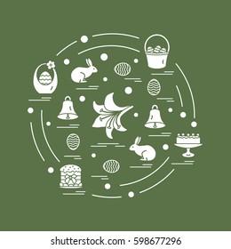 Cute vector illustration with different symbols for Easter arranged in a circle. Including icons of simnel cake, lily, baskets, eggs and other. Design for banner, poster or print.