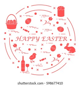 Cute vector illustration with different symbols for Easter arranged in a circle. Including icons of Easter cake, chick, baskets, eggs and other. Design for banner, poster or print. 