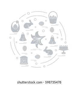 Cute vector illustration with different symbols for Easter arranged in a circle. Including icons of simnel cake, lily, baskets, eggs and other. Design for banner, poster or print.