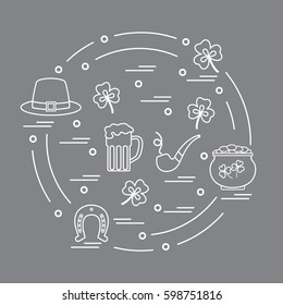 Cute vector illustration with different symbols for St. Patrick's Day arranged in a circle. Design for banner, poster or print. 