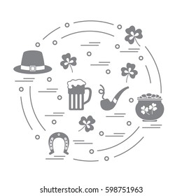 Cute vector illustration with different symbols for St. Patrick's Day arranged in a circle. Design for banner, poster or print. 