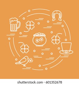 Cute vector illustration with different symbols for St. Patrick's Day arranged in a circle. Design for banner, poster or print. 