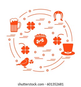 Cute vector illustration with different symbols for St. Patrick's Day arranged in a circle. Design for banner, poster or print. 