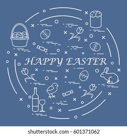 Cute vector illustration with different symbols for Easter arranged in a circle. Including icons of Easter cake, chick, baskets, eggs and other. Design for banner, poster or print. 
