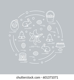 Cute vector illustration with different symbols for Easter arranged in a circle. Including icons of simnel cake, lily, baskets, eggs and other. Design for banner, poster or print.