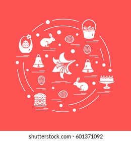 Cute vector illustration with different symbols for Easter arranged in a circle. Including icons of simnel cake, lily, baskets, eggs and other. Design for banner, poster or print.